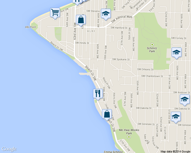 map of restaurants, bars, coffee shops, grocery stores, and more near 3704 Beach Drive Southwest in Seattle