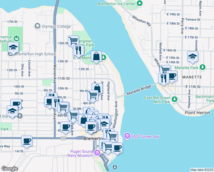 map of restaurants, bars, coffee shops, grocery stores, and more near 941 Highland Avenue in Bremerton