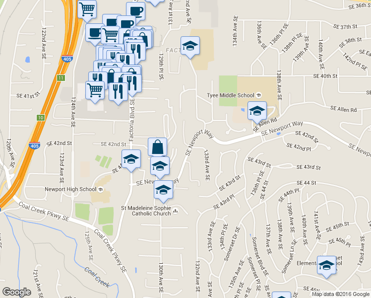 map of restaurants, bars, coffee shops, grocery stores, and more near 13128 Southeast Newport Way in Bellevue