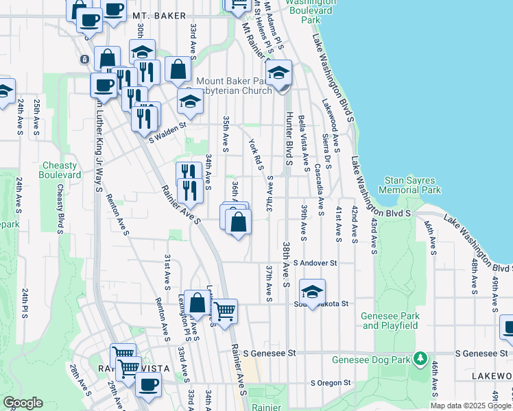 map of restaurants, bars, coffee shops, grocery stores, and more near 3638 Courtland Place South in Seattle
