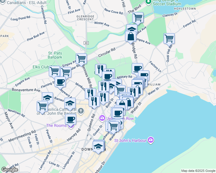 map of restaurants, bars, coffee shops, grocery stores, and more near 85 Military Road in St. John's