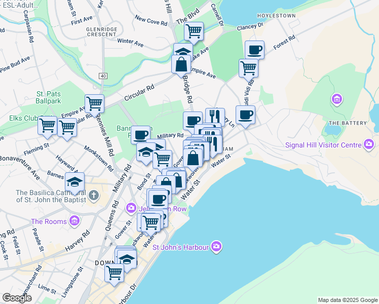 map of restaurants, bars, coffee shops, grocery stores, and more near 21 Gower Street in St. John's