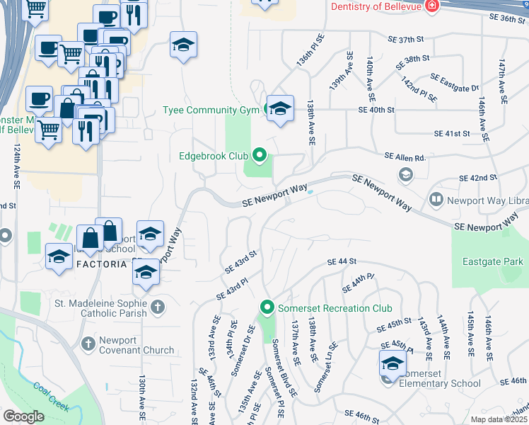 map of restaurants, bars, coffee shops, grocery stores, and more near 4263 135th Place Southeast in Bellevue