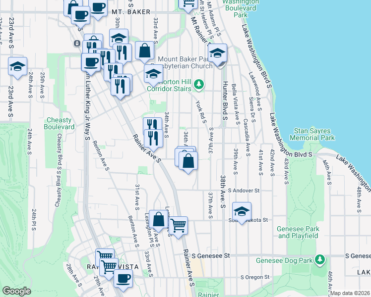 map of restaurants, bars, coffee shops, grocery stores, and more near 3618 35th Avenue South in Seattle