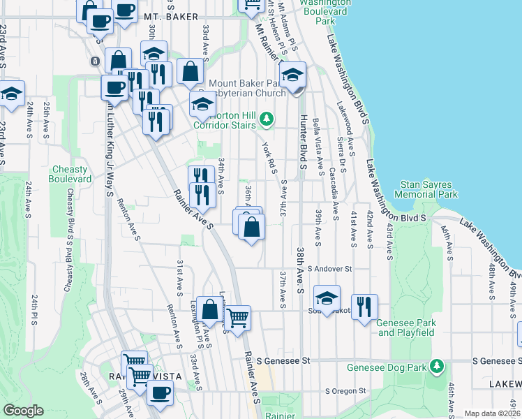 map of restaurants, bars, coffee shops, grocery stores, and more near 3637 Courtland Place South in Seattle