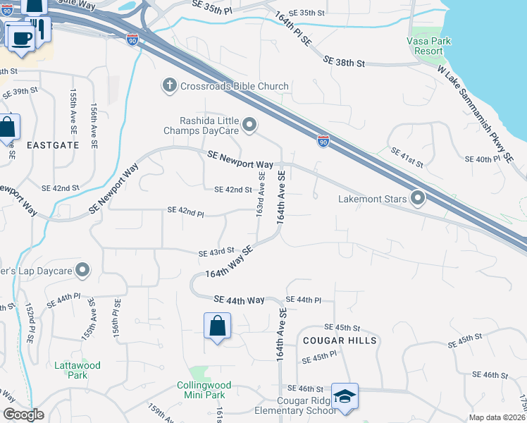 map of restaurants, bars, coffee shops, grocery stores, and more near 4210 163rd Avenue Southeast in Bellevue