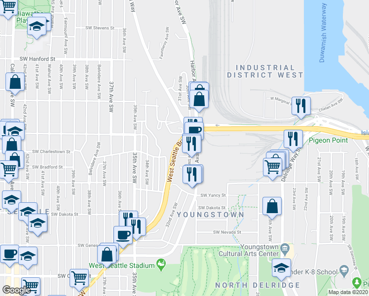 map of restaurants, bars, coffee shops, grocery stores, and more near 2910 30th Avenue Southwest in Seattle