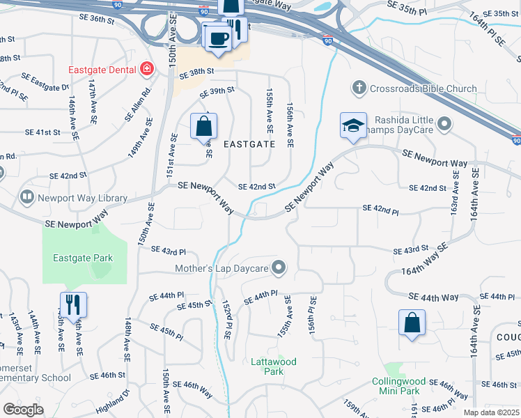 map of restaurants, bars, coffee shops, grocery stores, and more near 15406 Southeast Newport Way in Bellevue