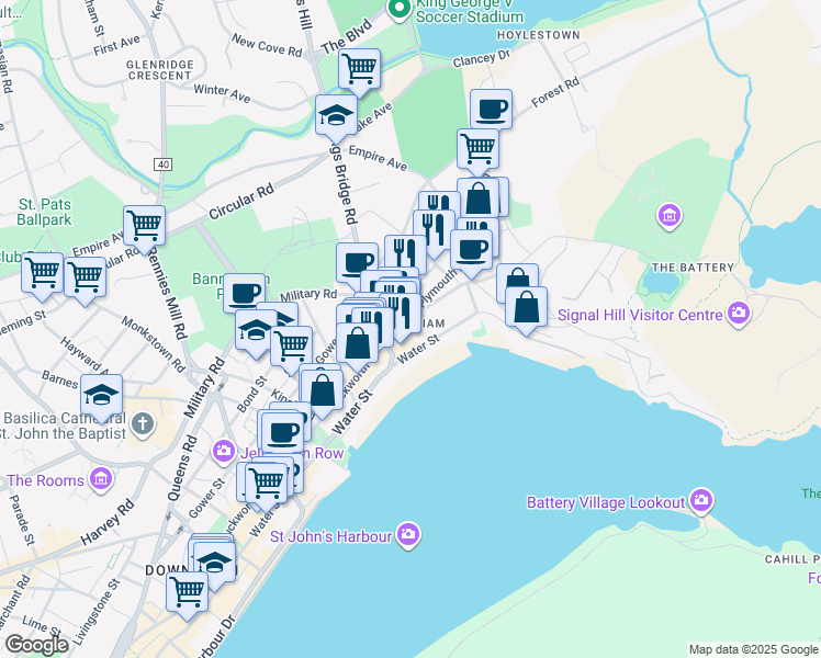 map of restaurants, bars, coffee shops, grocery stores, and more near 61 Duckworth Street in St. John's