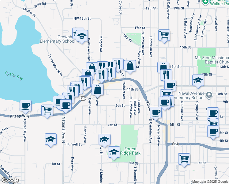 map of restaurants, bars, coffee shops, grocery stores, and more near 3333 Kitsap Way in Bremerton
