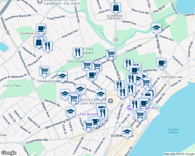 map of restaurants, bars, coffee shops, grocery stores, and more near 11 Maxse Street in St. John's