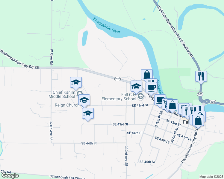 map of restaurants, bars, coffee shops, grocery stores, and more near 4111 330th Place Southeast in Fall City