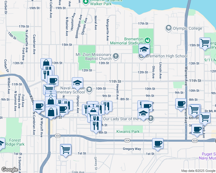 map of restaurants, bars, coffee shops, grocery stores, and more near 2000 11th Street in Bremerton