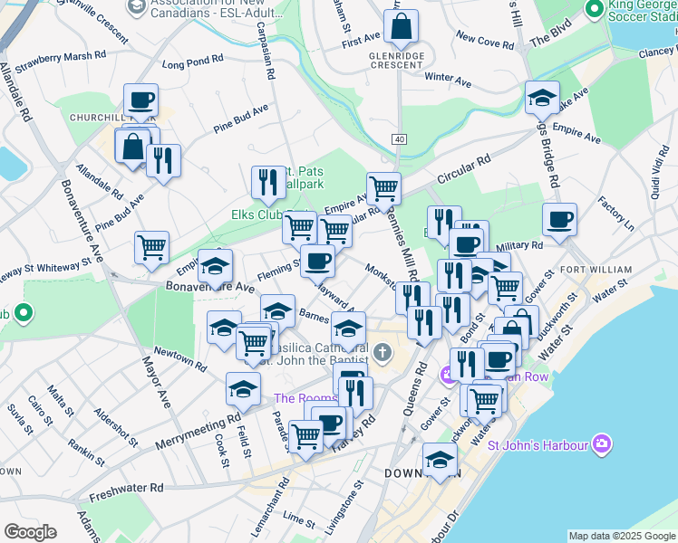 map of restaurants, bars, coffee shops, grocery stores, and more near 11 Maxse Street in St. John's