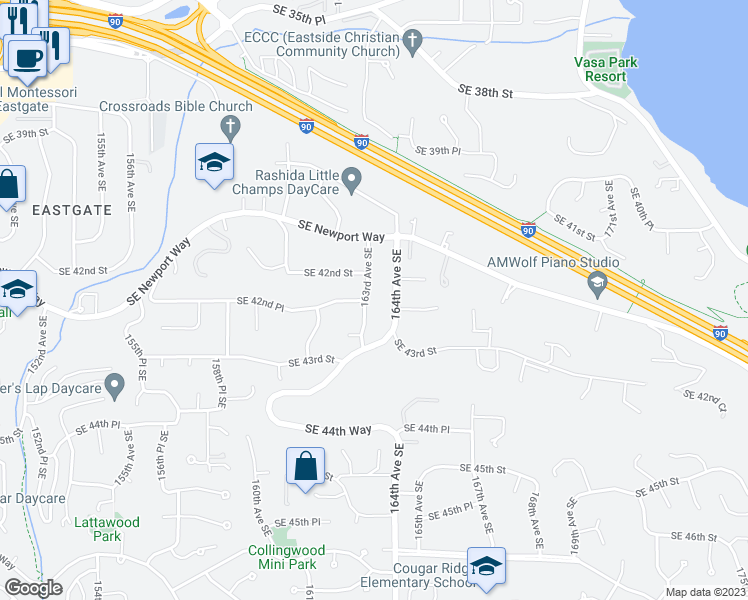 map of restaurants, bars, coffee shops, grocery stores, and more near 4210 163rd Avenue Southeast in Bellevue