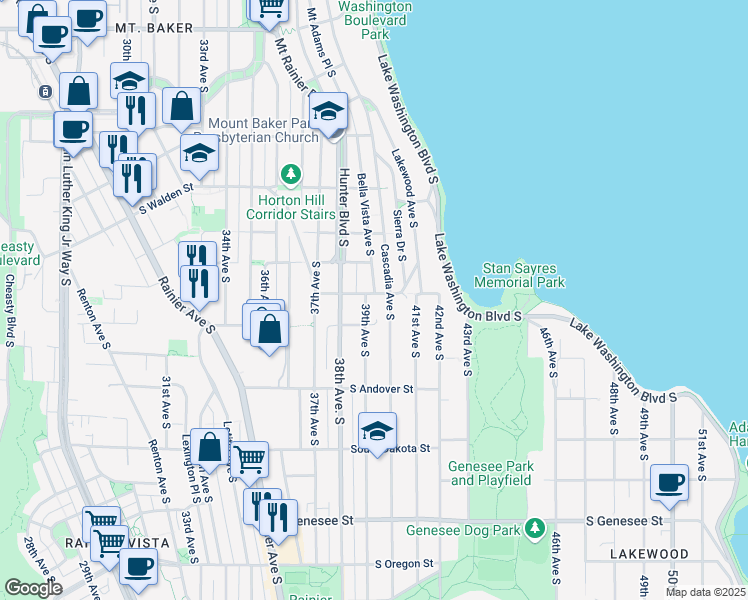 map of restaurants, bars, coffee shops, grocery stores, and more near 3455 Cascadia Avenue South in Seattle
