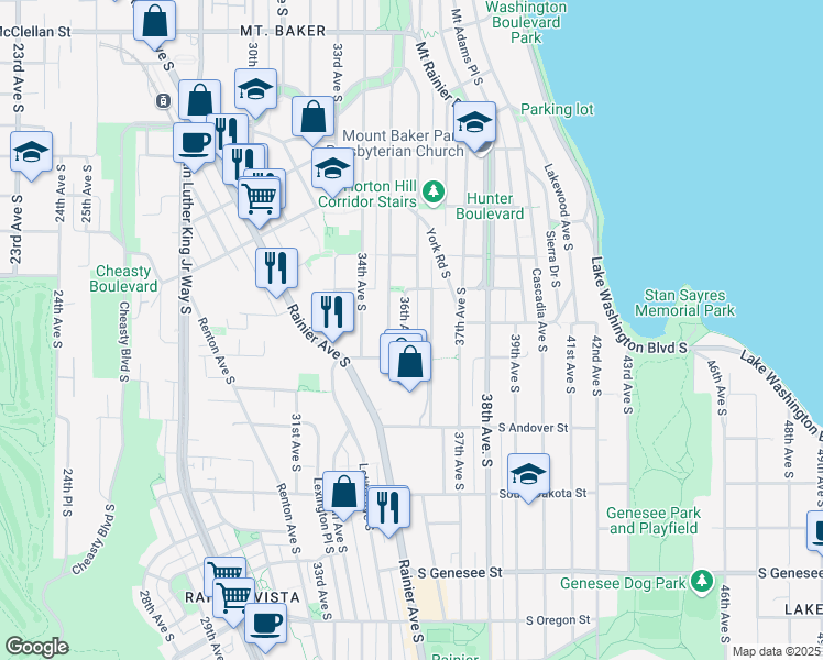map of restaurants, bars, coffee shops, grocery stores, and more near 3619 Courtland Place South in Seattle