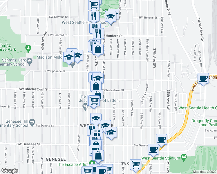 map of restaurants, bars, coffee shops, grocery stores, and more near 3707 41st Avenue Southwest in Seattle