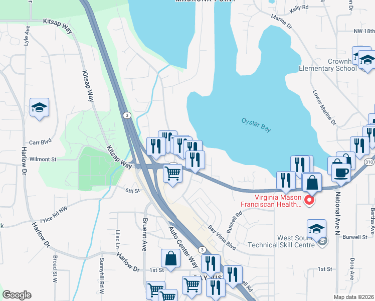 map of restaurants, bars, coffee shops, grocery stores, and more near 924 Shorewood Drive in Bremerton