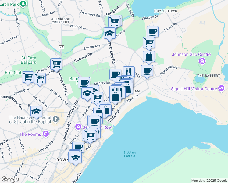 map of restaurants, bars, coffee shops, grocery stores, and more near 17 Gower Street in St. John's