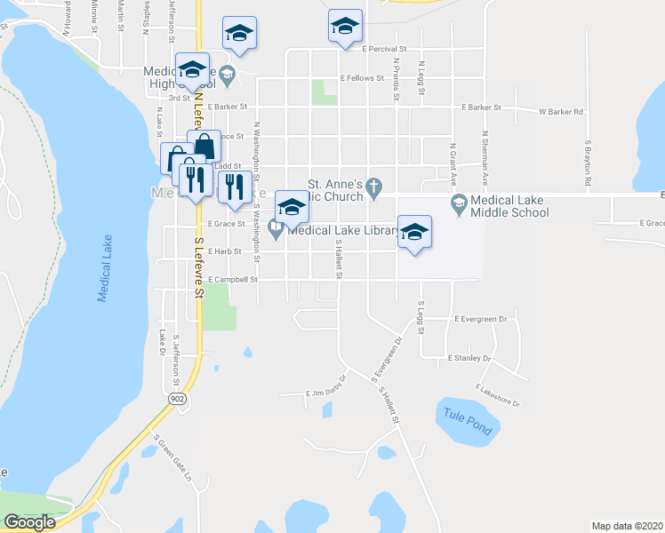 map of restaurants, bars, coffee shops, grocery stores, and more near 320 South Hallett Street in Medical Lake