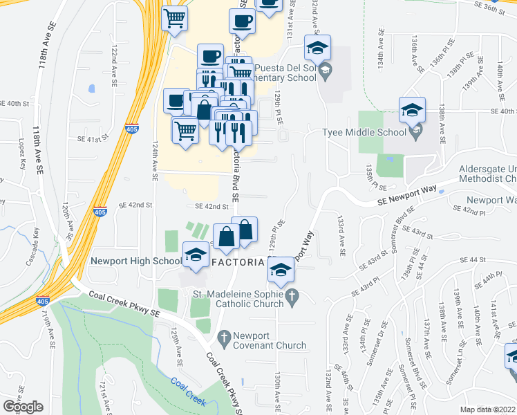 map of restaurants, bars, coffee shops, grocery stores, and more near 4208 Factoria Boulevard Southeast in Bellevue