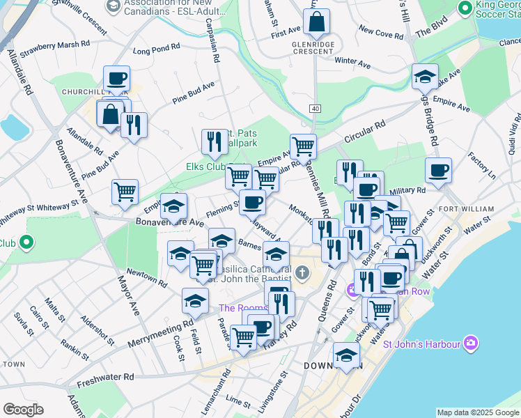 map of restaurants, bars, coffee shops, grocery stores, and more near 16 Maxse Street in St. John's