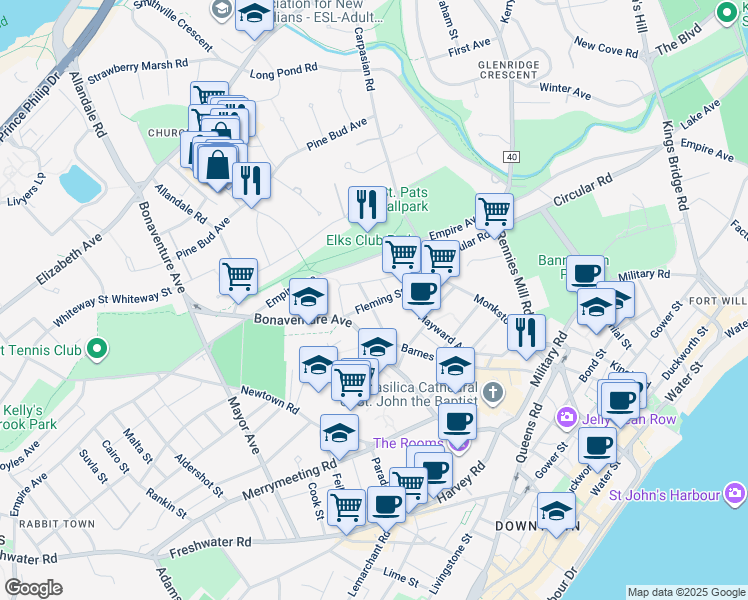 map of restaurants, bars, coffee shops, grocery stores, and more near 127 Circular Road in St. John's