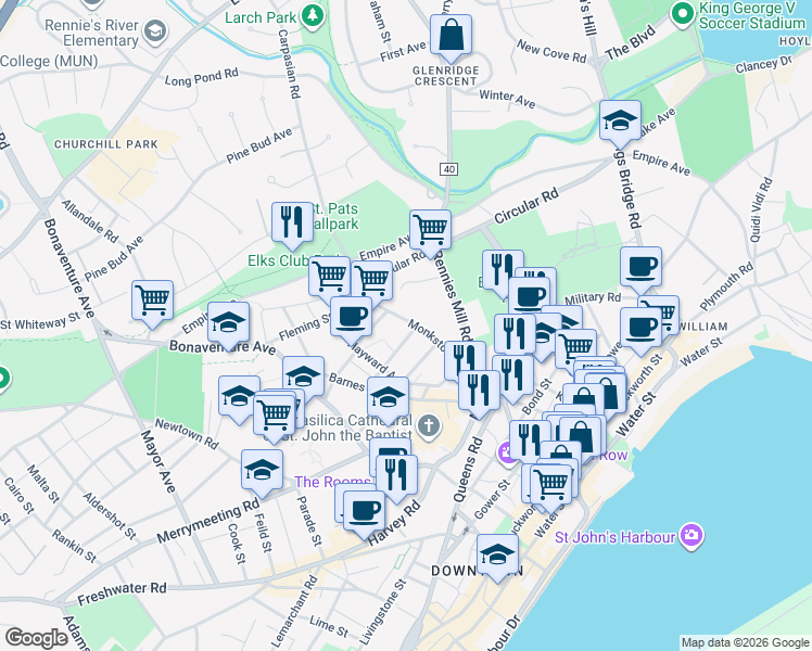map of restaurants, bars, coffee shops, grocery stores, and more near 63 Monkstown Road in St. John's