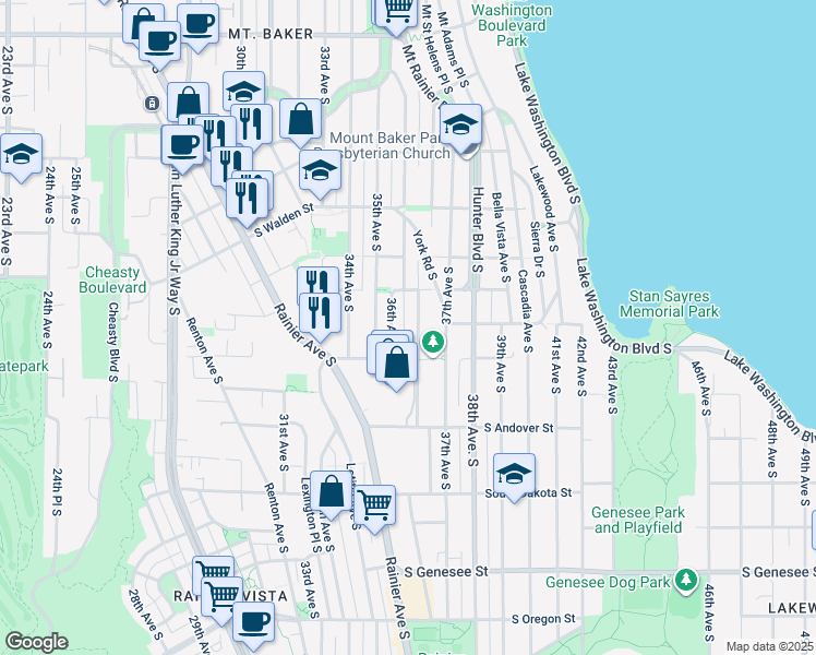 map of restaurants, bars, coffee shops, grocery stores, and more near 3619 Courtland Place South in Seattle