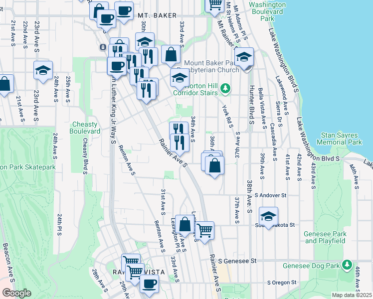map of restaurants, bars, coffee shops, grocery stores, and more near 3642 33rd Avenue South in Seattle