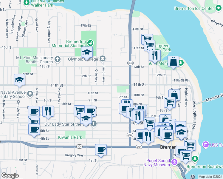 map of restaurants, bars, coffee shops, grocery stores, and more near 1116a 11th Street in Bremerton