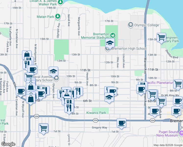 map of restaurants, bars, coffee shops, grocery stores, and more near 1102 Hewitt Avenue in Bremerton