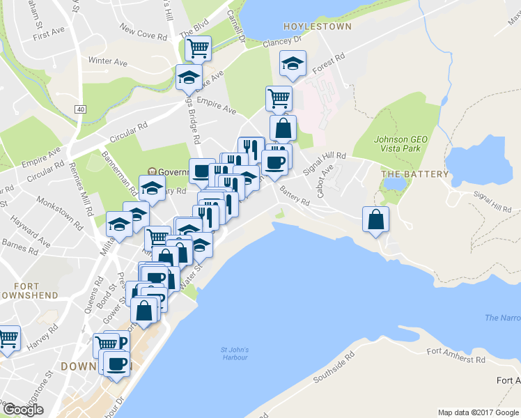 map of restaurants, bars, coffee shops, grocery stores, and more near 2 Water Street in St. John's