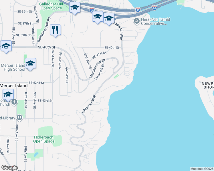 map of restaurants, bars, coffee shops, grocery stores, and more near 9818 Southeast 42nd Place in Mercer Island