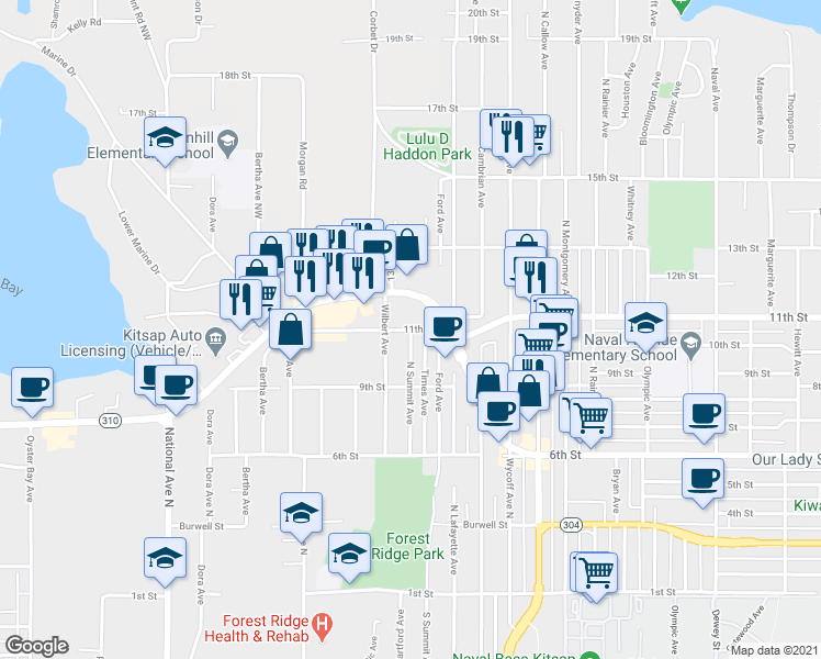 map of restaurants, bars, coffee shops, grocery stores, and more near 11th St & N Summit Ave in Bremerton