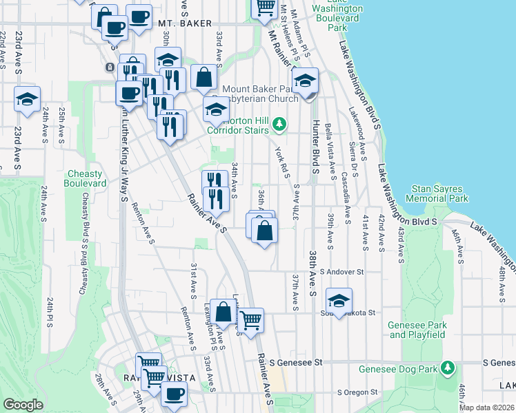map of restaurants, bars, coffee shops, grocery stores, and more near 3618 35th Avenue South in Seattle