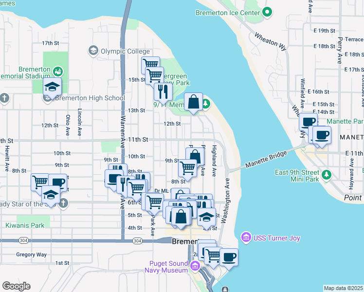 map of restaurants, bars, coffee shops, grocery stores, and more near 603 11th Street in Bremerton