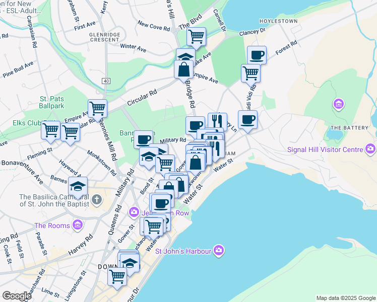map of restaurants, bars, coffee shops, grocery stores, and more near 18 Gower Street in St. John's