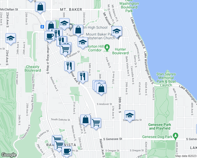 map of restaurants, bars, coffee shops, grocery stores, and more near 3618 35th Avenue South in Seattle