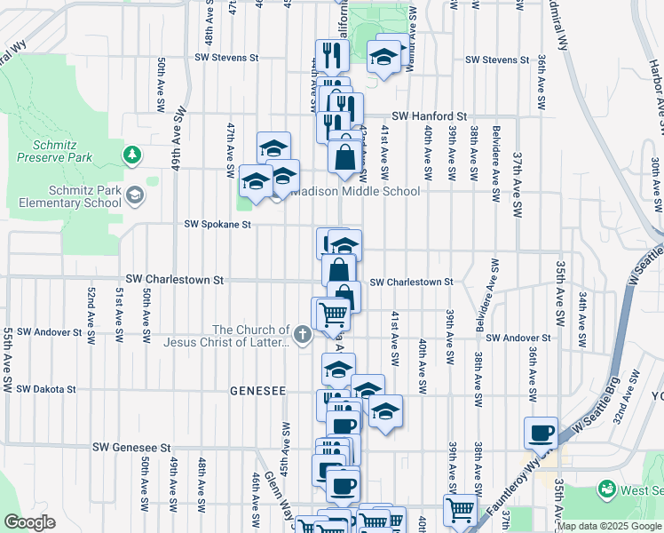map of restaurants, bars, coffee shops, grocery stores, and more near 3700 California Avenue Southwest in Seattle