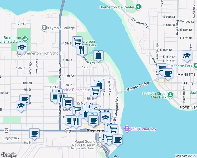 map of restaurants, bars, coffee shops, grocery stores, and more near 932 Pacific Avenue in Bremerton