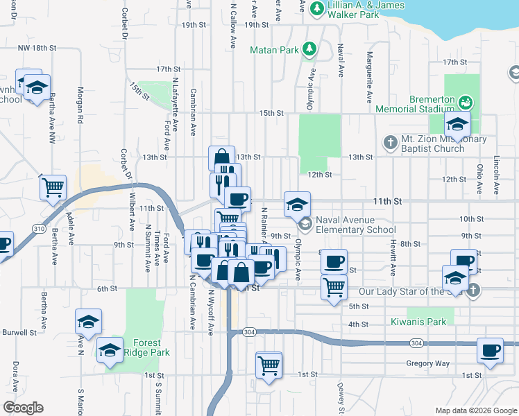 map of restaurants, bars, coffee shops, grocery stores, and more near 2516 11th Street in Bremerton