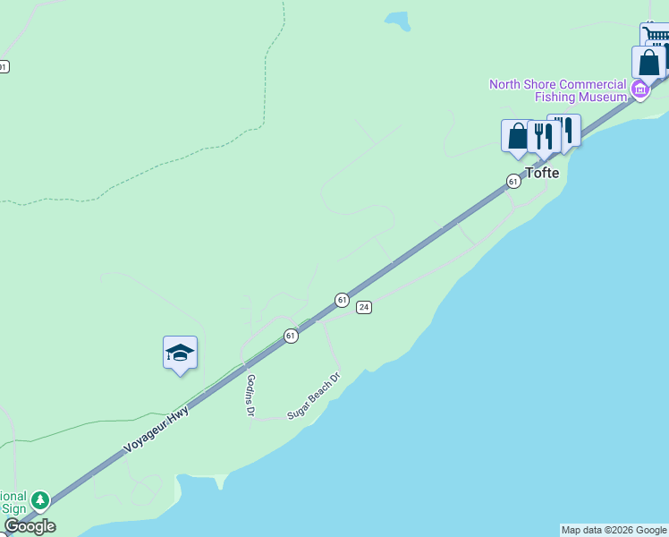 map of restaurants, bars, coffee shops, grocery stores, and more near 7261 Minnesota 61 in Tofte