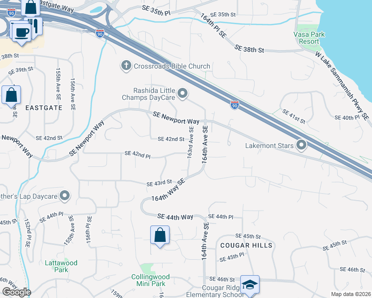 map of restaurants, bars, coffee shops, grocery stores, and more near 16142 Southeast 42nd Place in Bellevue