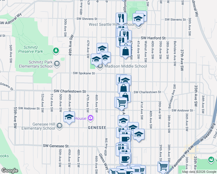 map of restaurants, bars, coffee shops, grocery stores, and more near 3644 45th Avenue Southwest in Seattle