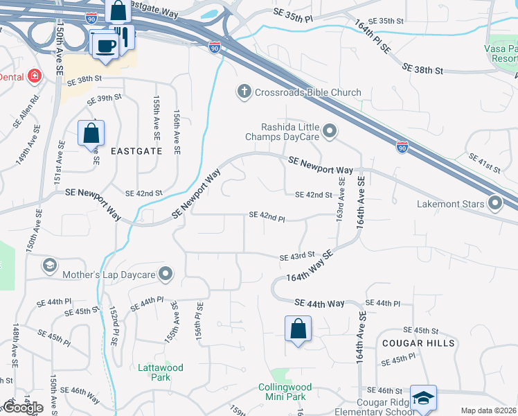 map of restaurants, bars, coffee shops, grocery stores, and more near 15916 Southeast 42nd Place in Bellevue