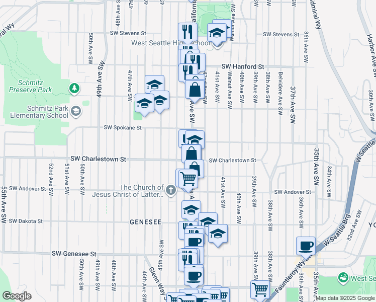 map of restaurants, bars, coffee shops, grocery stores, and more near 3717 California Avenue Southwest in Seattle