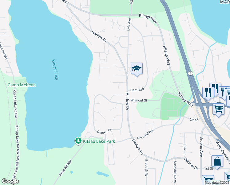 map of restaurants, bars, coffee shops, grocery stores, and more near 6014 Peregrine Court in Bremerton