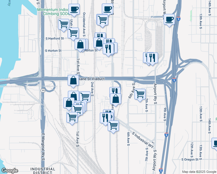 map of restaurants, bars, coffee shops, grocery stores, and more near 3613 4th Avenue South in Seattle